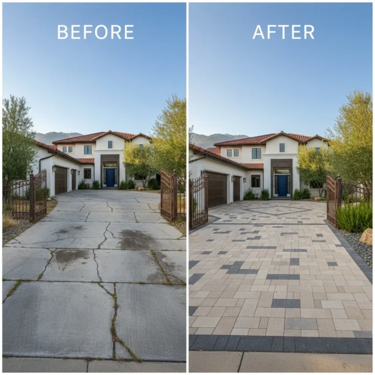 Custom decorative stamped concrete patio in Reno featuring a modern slate texture and weather-resistant sealant.