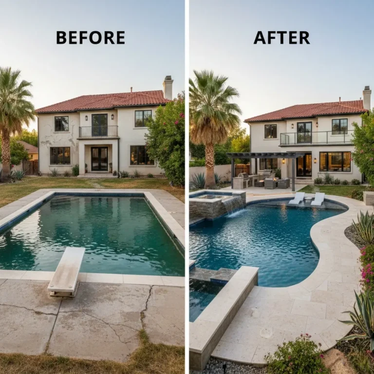Comprehensive backyard remodel in Reno showing an old pool transformed into a modern oasis with a tanning ledge and integrated outdoor kitchen.