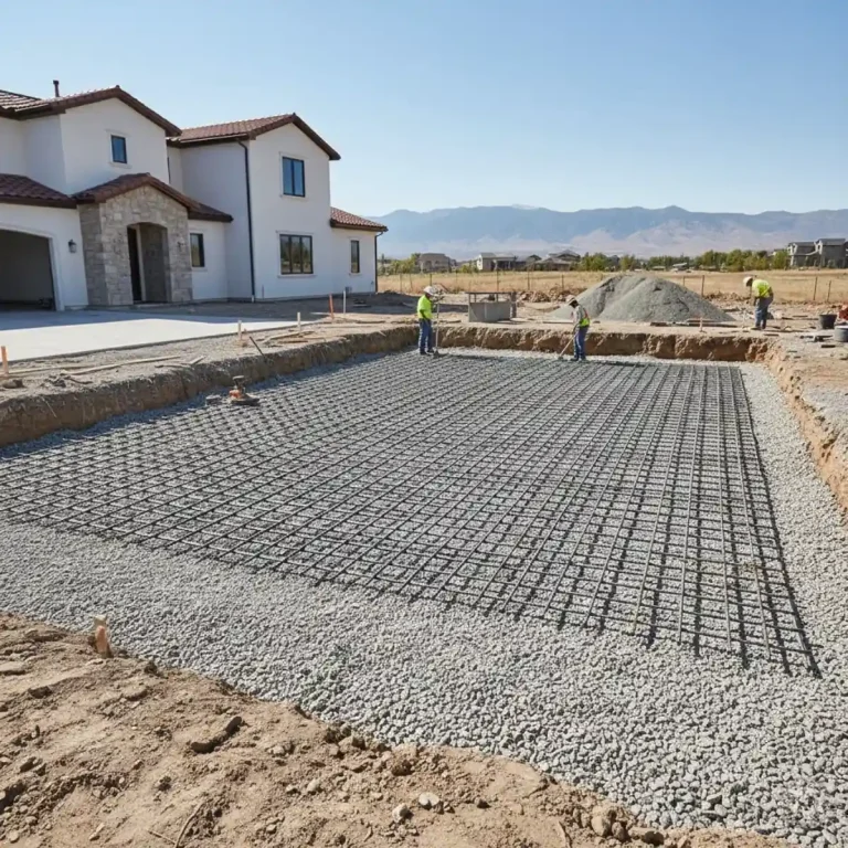 Professional driveway foundation preparation in Reno showing a reinforced rebar grid and thick compacted gravel base to counter expansive clay soil.