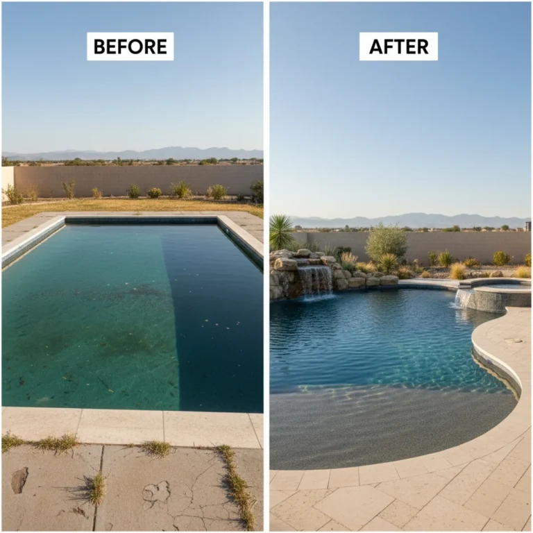 Before and after of a Reno pool remodel featuring a new rock waterfall, modern geometric coping, and a deep blue pebble finish.