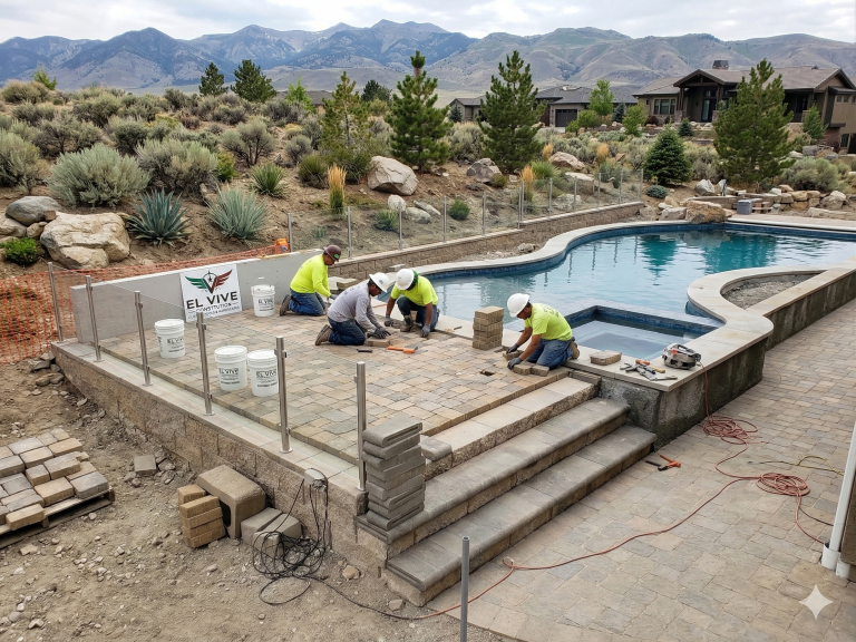 An excavated rectangular in-ground pool pit in Reno, Nevada, showcasing the custom wood formwork and dense structural rebar cage installed by El Vive Construction. High-desert background.